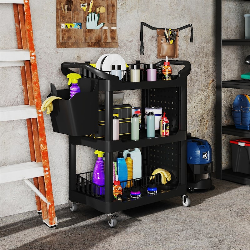 Adjustable Workshop Stool with Lumbar Support, Locking Wheels and Metal Tray and Bottle Holders