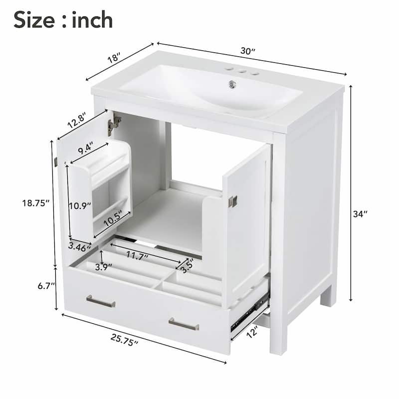 30" White Bathroom Vanity with Single Sink, 2 Doors, and Drawer