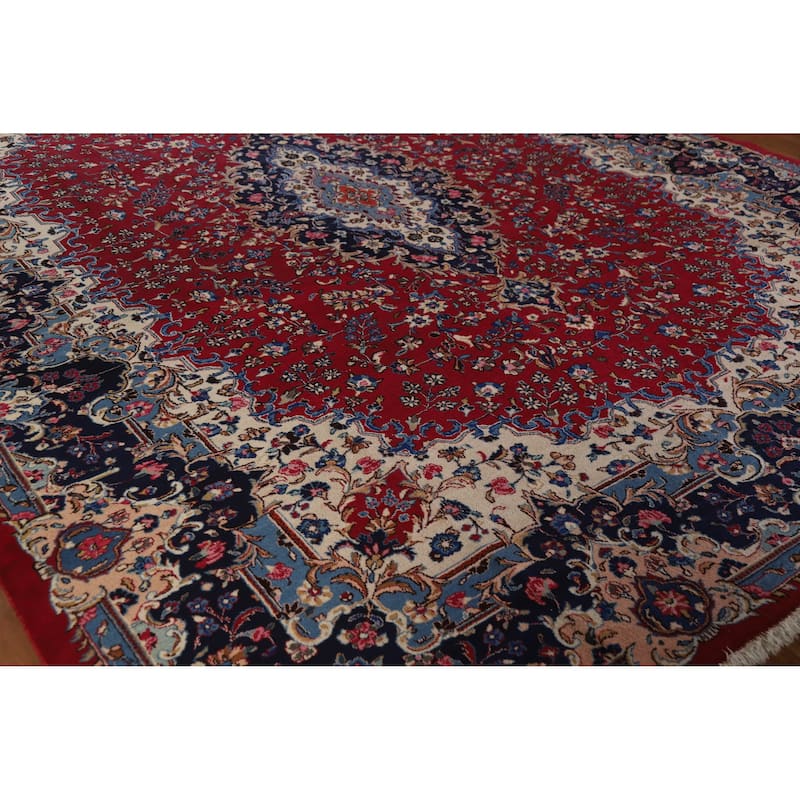 Floral Red Mashad Persian Area Rug Hand-Knotted Wool Carpet - 10'1" x 12'11"