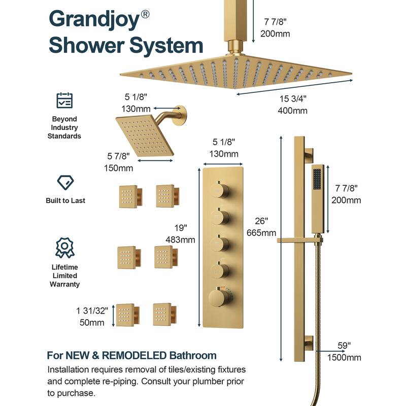 GRANDJOY Dual Shower Heads 16" Rainfall Shower System with 2-Handle Bathroom Sink Faucet Combo Set