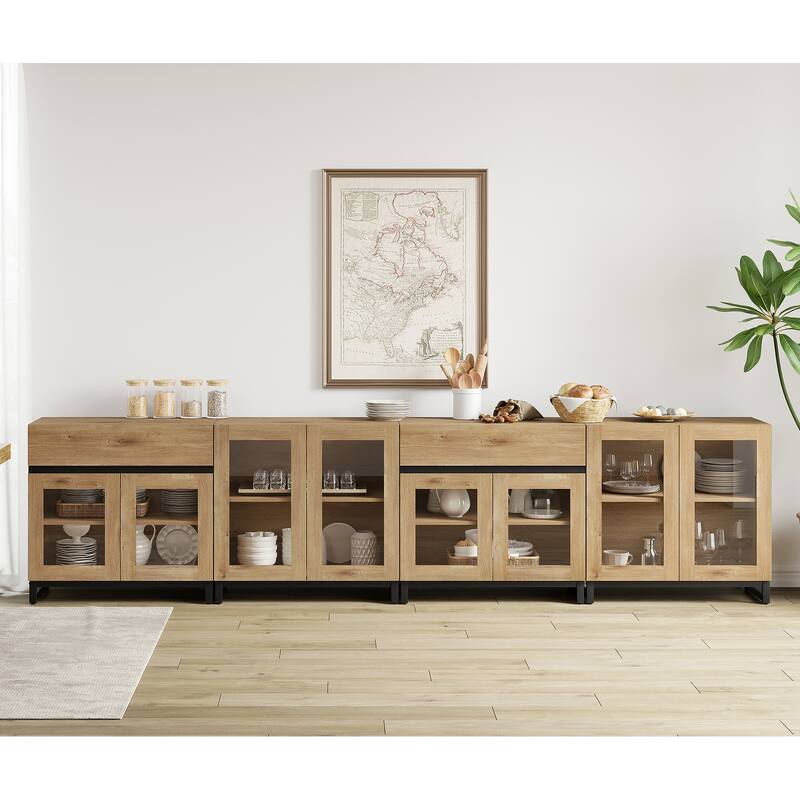 4-in-1 Multifunctional Sideboard Buffet with Glass Doors, 2 Drawers & Metal Base, Modern Coffee Bar Cabinet for Kitchen Storage.