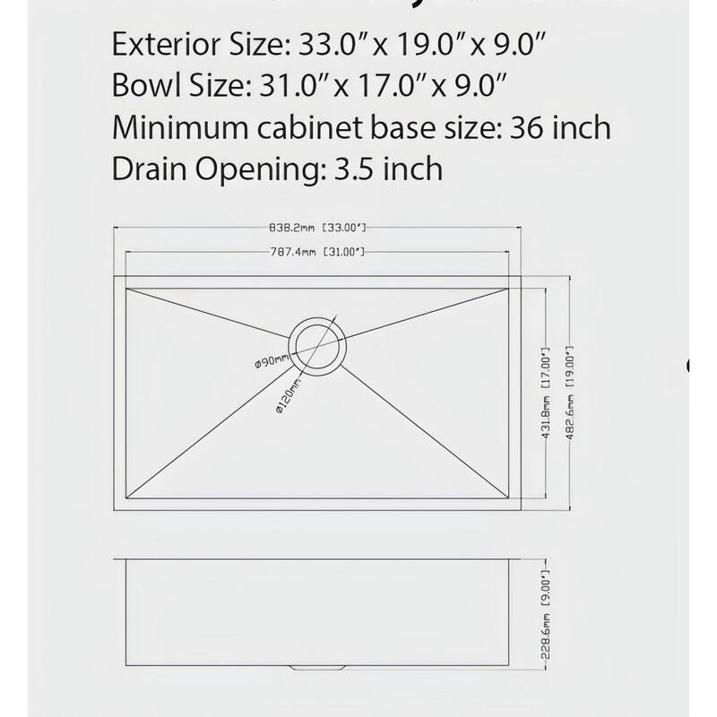 33"x19"x9" Gunmetal Black Undermount Kitchen Sink 16 Gauge Single Bowl with Drain Assembly