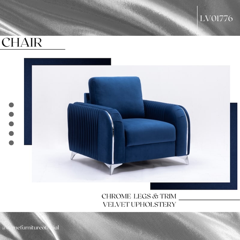 Blue Modern 38" Velvet Upholstered Accent Chair with Polished Chrome Trim Legs and Vertical Pleated Design