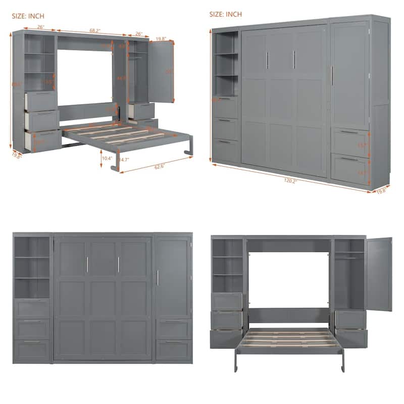 Queen Size Wood Murphy Bed with Wardrobe,Drawers and Shelves