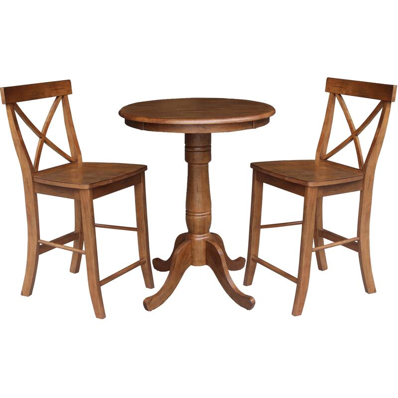 30" Round Pedestal Gathering Height Table with 2 X-Back Counter Height Stools - 3 Piece Set
