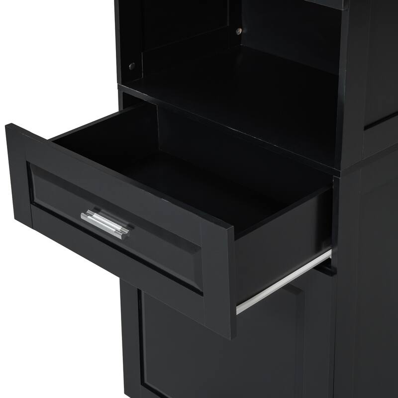 Freestanding Tall Bathroom Double Door Storage Cabinet with Removable Laundry Basket, Open Shelf, Drawer and Adjustable Shelf