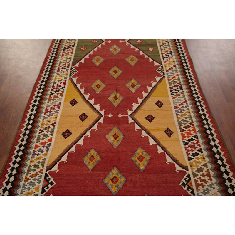 Vegetable Dye Orange Kilim Qashqai Persian Antique Wool Carpet - 4'4"x 10'10"