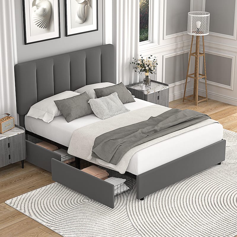 Javlergo Bed Frame with Storage Drawers, Upholstered Platform Bed Frame with Adjustable Headboard