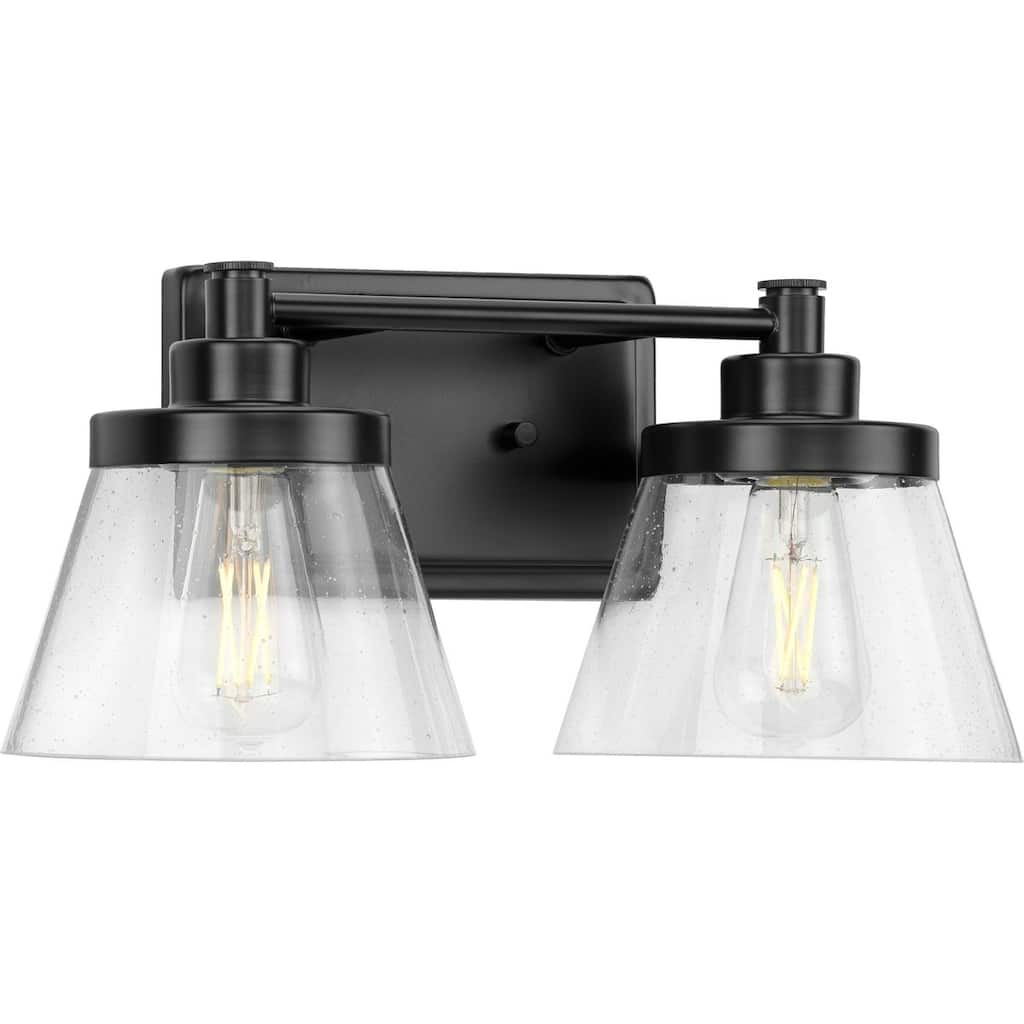 Hinton Collection Two-Light Matte Black Clear Seeded Glass Farmhouse Bath Vanity Light - 15.5 in x 7.12 in x 7.75 in