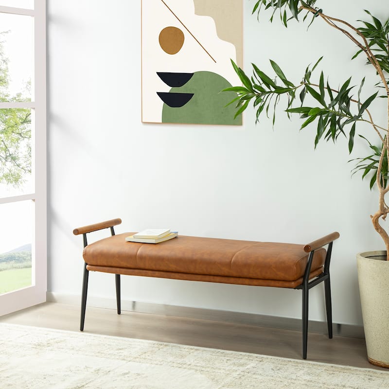 Glitzhome 48.5"W Modern Upholstered Bench with Wooden Arms and Metal Legs