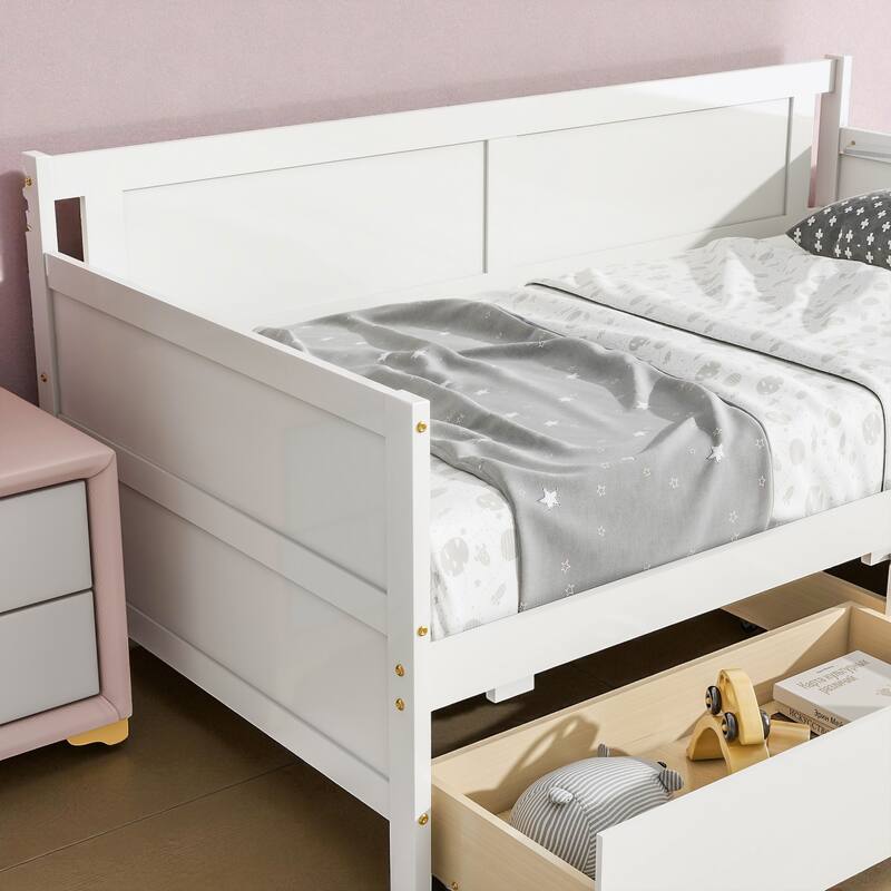 Twin Size Solid Pine Wood Daybed with Two Storage Drawers, Modern Sofa Bed Frame with Pull-Out Storage