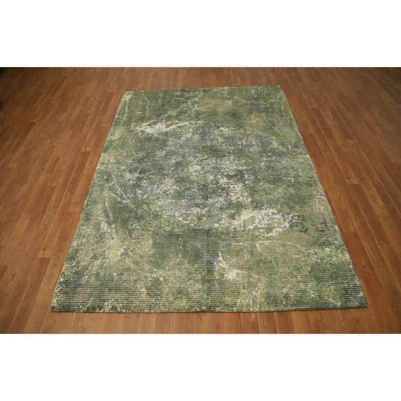 Hand Knotted Oriental Viscose Silk Carpet Modern Abstract Green Abstract Area Rug - 7' 7'' X 5' 4''