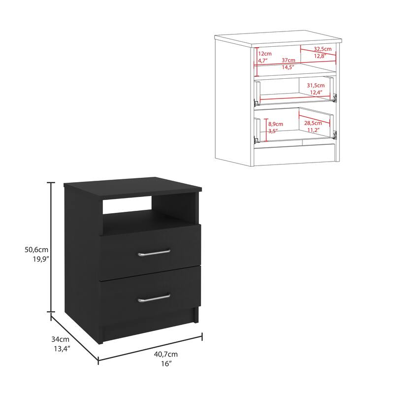 Sleek Black Nightstand with Two Drawers - Compact Design, Wengue Finish