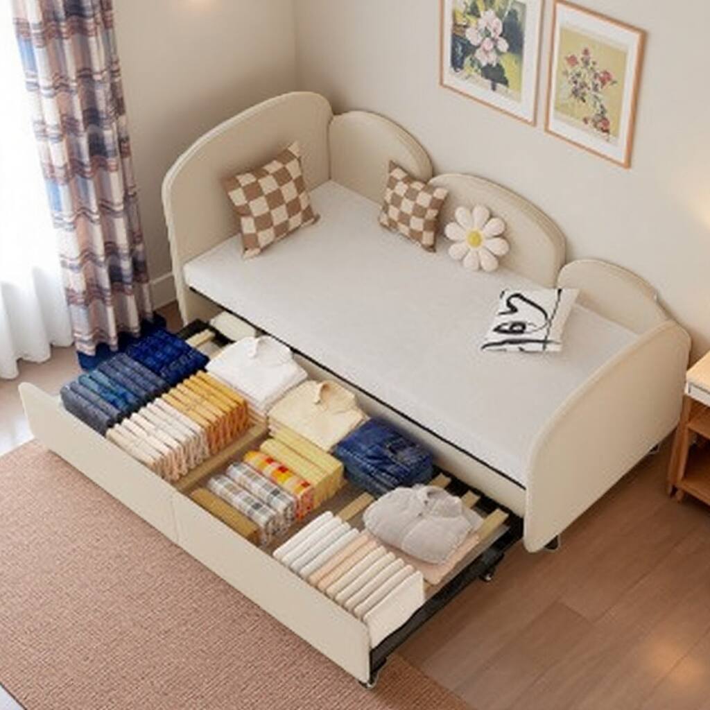 Twin Size Velvet Upholstered Flower Design Daybed with Storage Drawer, Multi-Functional Sofa Bed for Kids Room, Living Room