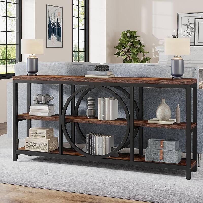 70.9 inch Extra Long Console Table with 3 Tier Wood Storage Shelves - Rustic Brown