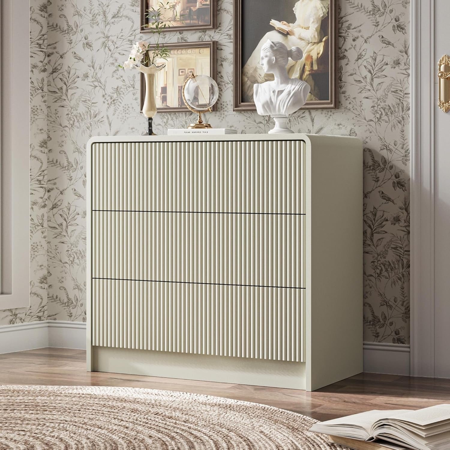 Modern Curved 3 Drawer Dresser with Push to Open Design Minimalist Storage Cabinet