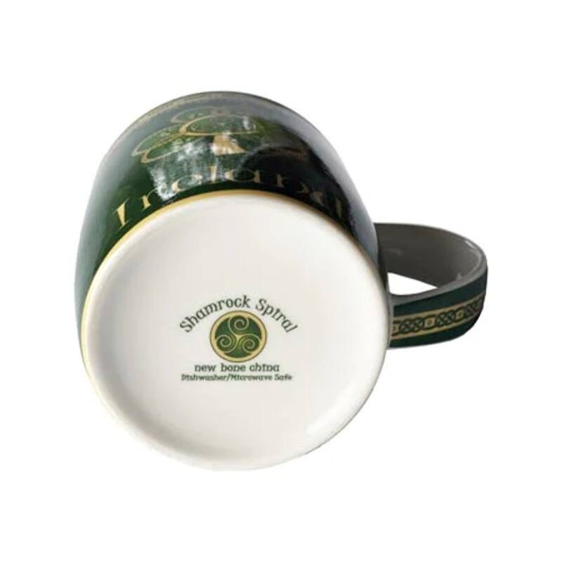 12.5oz Green Porcelain Mug with Celtic Symbolism Shamrock and Triskelion Perfect for Hot Beverages