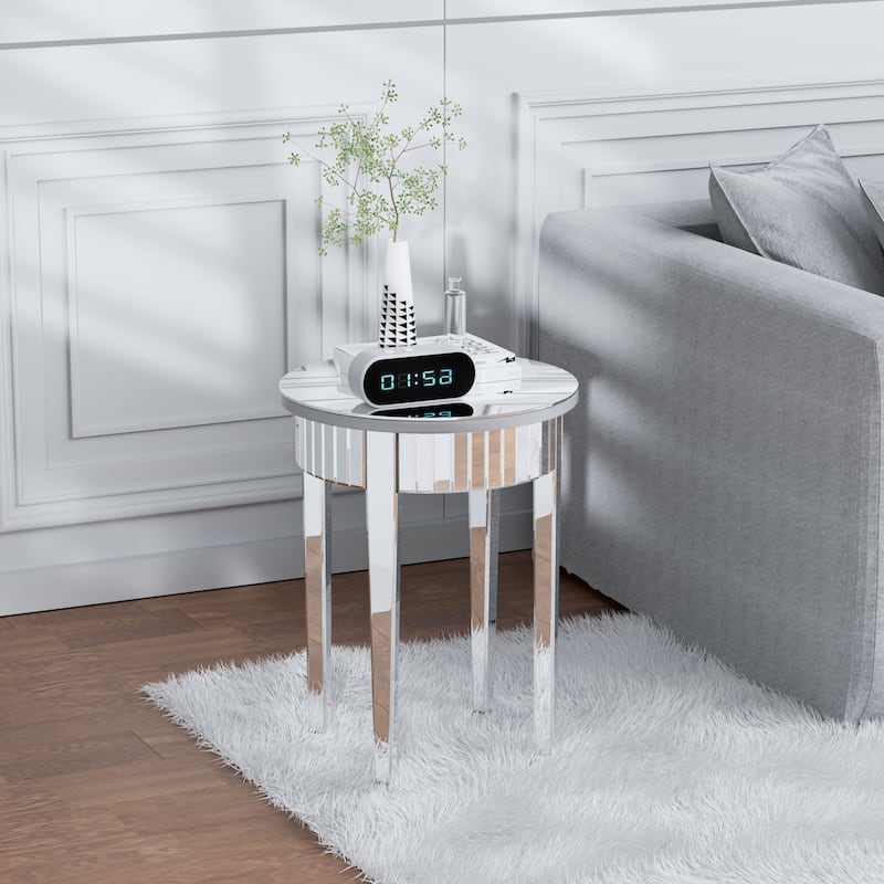 Round Silver Nightstand Coffee End Table Mirrored - 18" W x 24" H