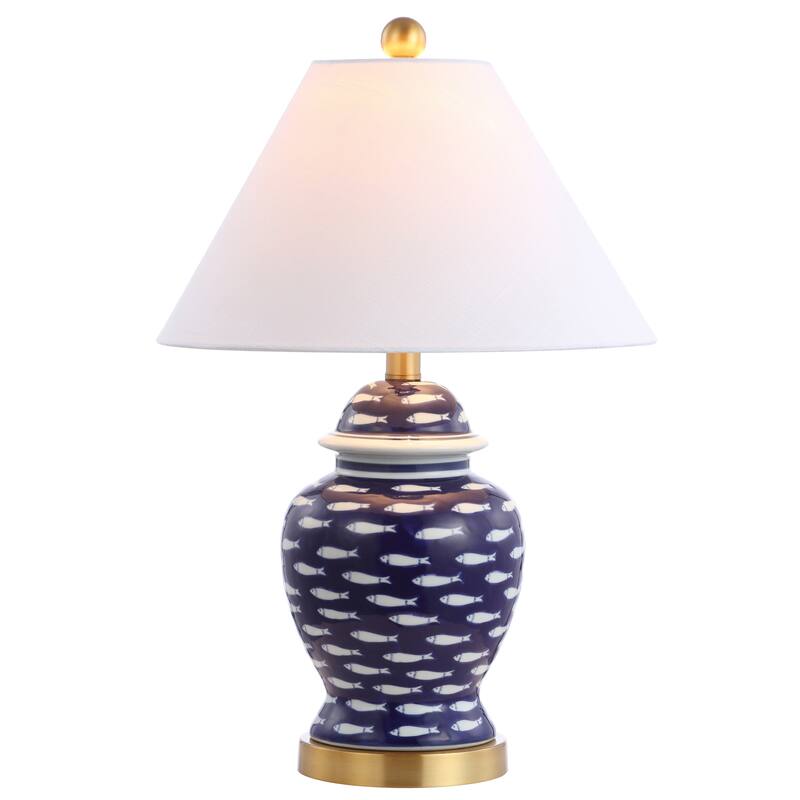 Quatrefoil of Fish 22" Ginger Jar Ceramic/Metal LED Table Lamp, Navy by JONATHAN Y - Blue/White