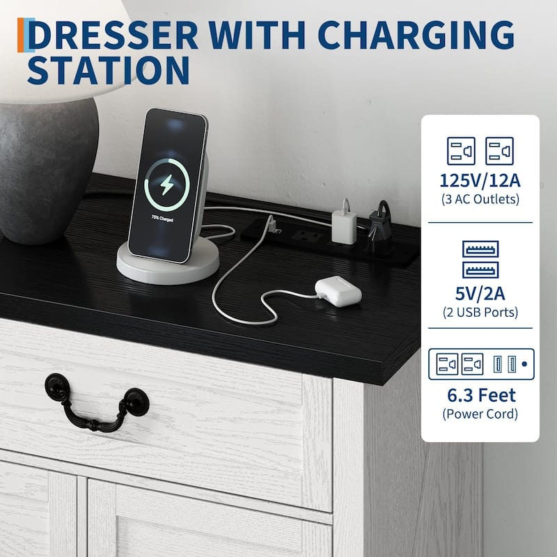 Farmhouse 9-Drawer Dresser with Charging Station, 54" Wide Wood Chest of Drawers with Metal Handles