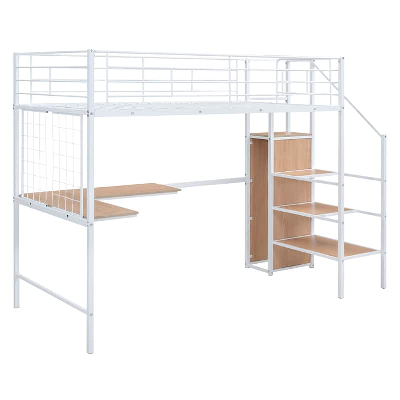 Modern Twin Metal Loft Bed with Storage