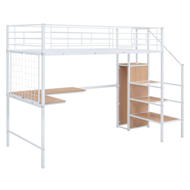 Twin Metal Loft Bed with L-Shaped Desk, Shelves, and Wardrobe Storage