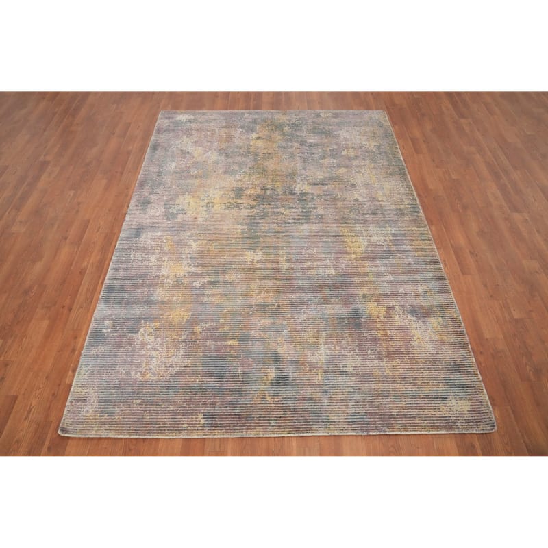 Hand Knotted Oriental Viscose Silk Carpet Modern All-Over Multi-Colored Abstract Area Rug - 7' 6'' X 5' 4''
