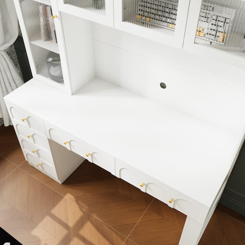 63” Modern White Computer Desk with Hutch & Drawers, Tempered Glass Cabinet Doors, Large Storage Home Office Workstation