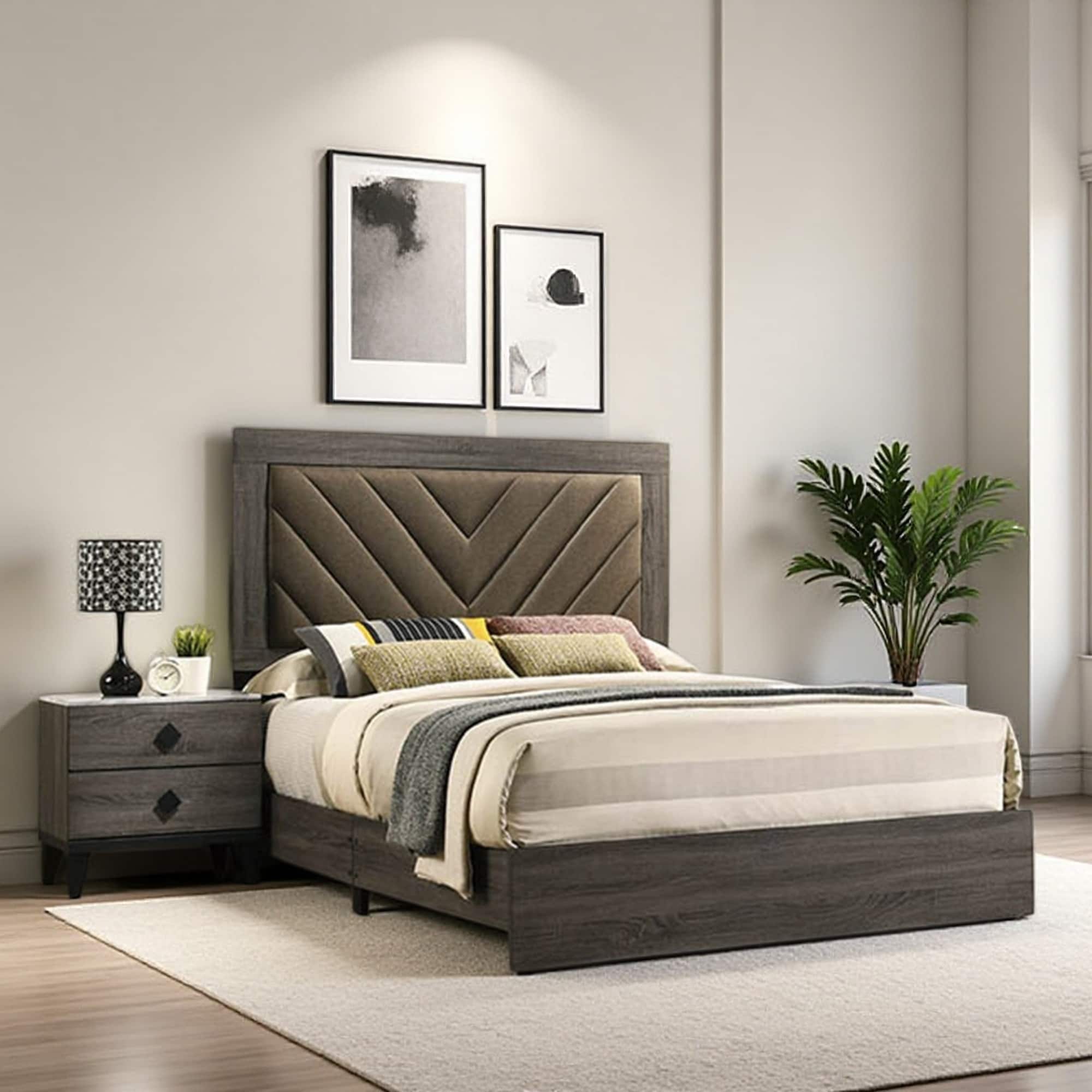 Queen Size Fabric Platform Bed with Rustic Accents and Wood Frame