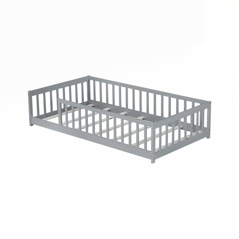 Rubber Wood Floor Bed with Fence without Door