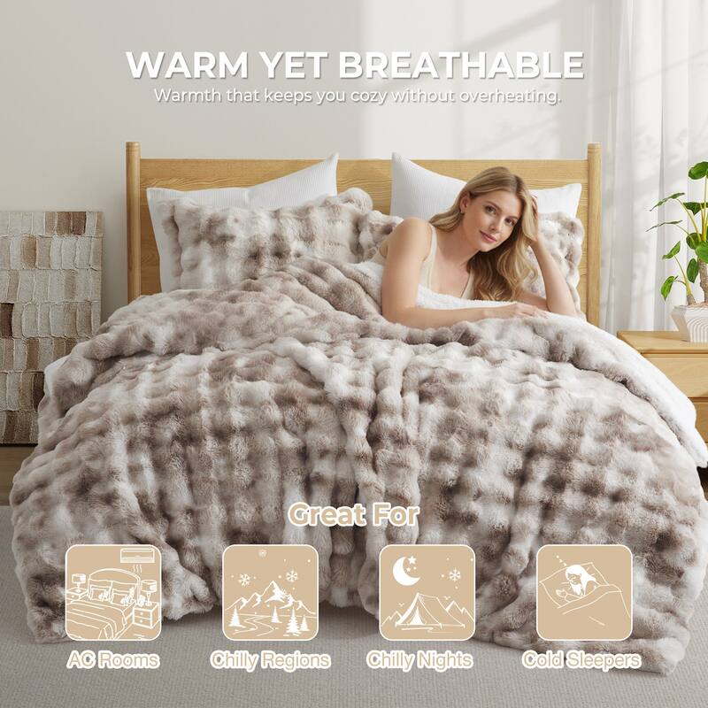 3 Pieces Fluffy Faux Rabbit Fur Comforter Set, Plush Fuzzy Bedding Set for Winter