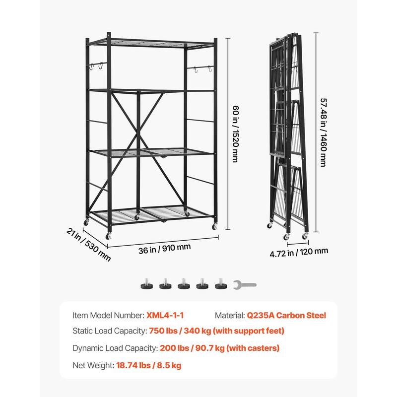 Black Carbon Steel Folding Garage Shelf with 5 Swivel Wheels - 21 x 36 x 60 in