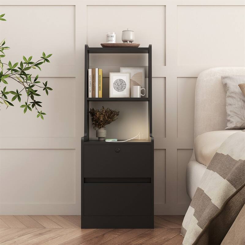 Smart Nightstand with 2 Drawers, Night Light and Charging Station, Modern Bedside Table Side Table with Bookshelf for Bedroom