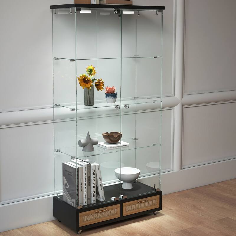 Modern Glass Display Cabinet with Large Drawer for Living Room and Bedroom