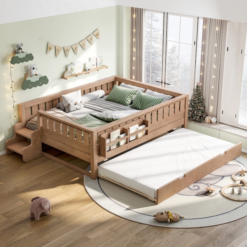 Roomfitters Floor Bed with Bookshelf and Trundle, Low Profile Frame with Step Entry