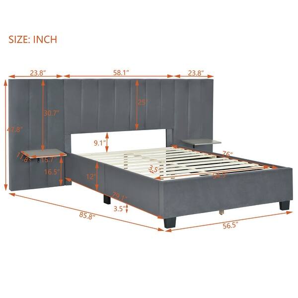 dimension image slide 5 of 6, Plush Upholstered Platform Bed Frame with Oversized Headboard and 2 Side Storage Shelf, Velvet Fabric Wingback Bed
