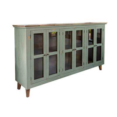 Lina 72 Inch Sideboard Buffet Cabinet, 3 Glass Doors, Sage Green, Pine