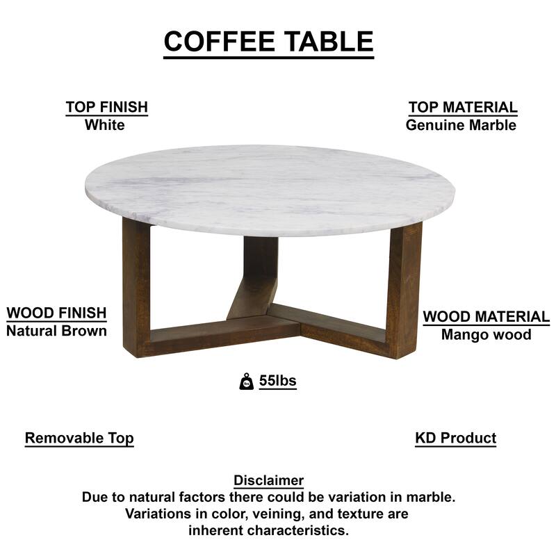 Fina Table, Round White Genuine Marble Top, Natural Brown Mango Wood 3 Leg Sled Base