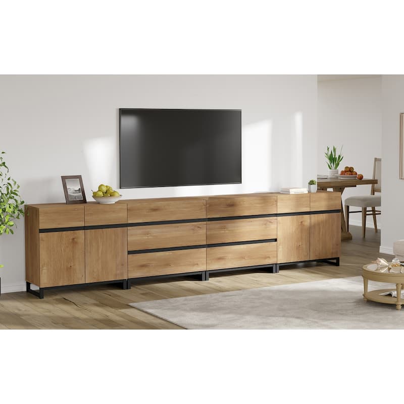 Modern TV Stand for TVs up to 120 inch, 4 in 1 TV Console with Adjustable Shelves and 6 Drawers, Media Console - 4 piece - Oak