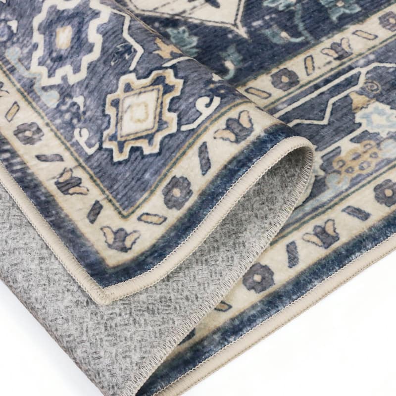 Mcow Floral Faded Low Pile Machine Washable Non-Slip Area Rug