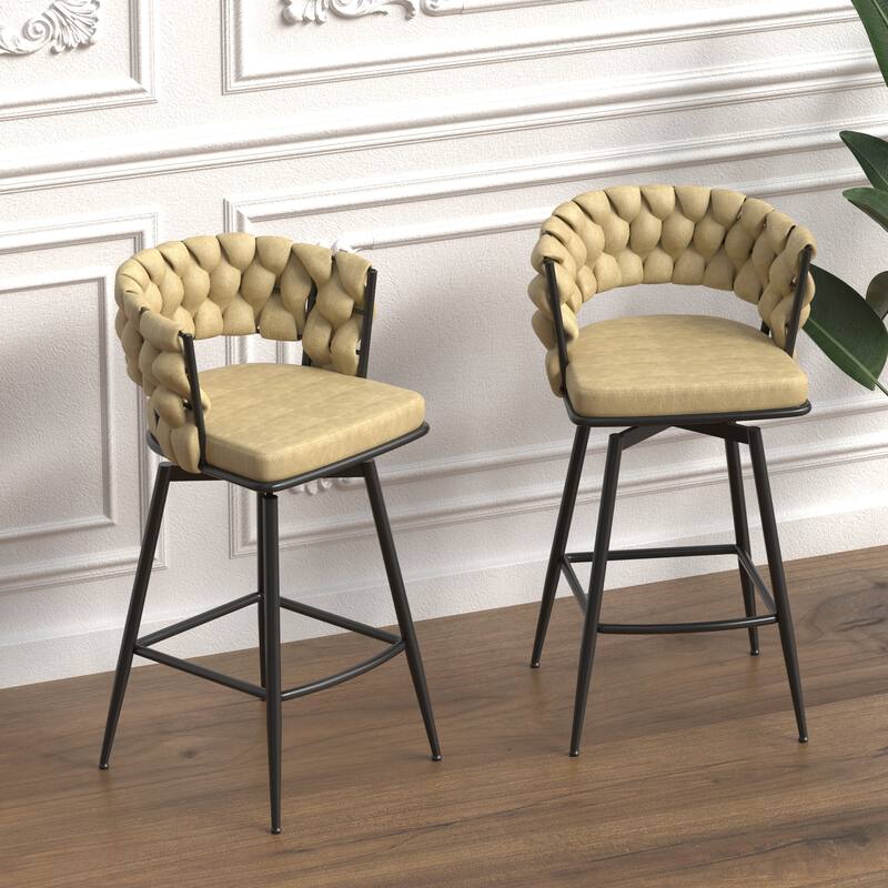 Counter Height Bar Stools Set of 2, Swivel Bar Stools with Woven Back, Kitchen Island Chairs with Footrest and Metal Frame