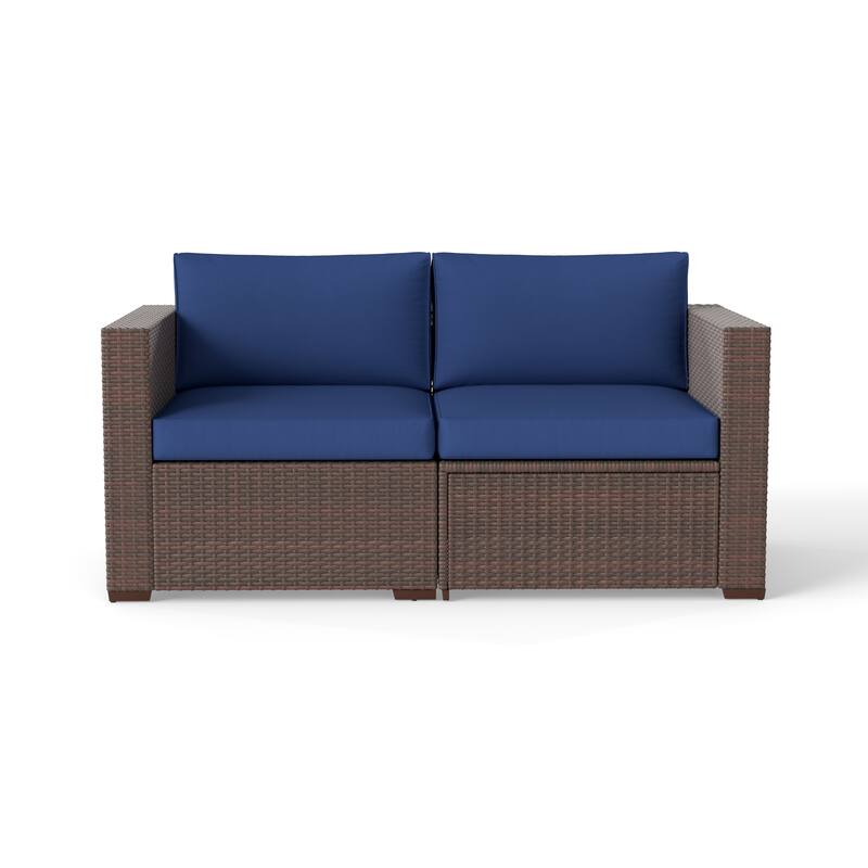 2-piece Outdoor Wicker Sectional Sofa Loveseat Set - Brown and Blue