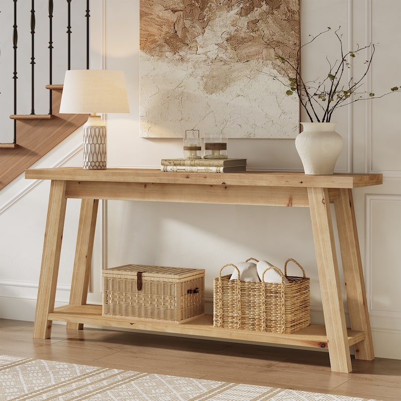 70.8'' Long Solid Wood Entryway Console Table with Shelf, 1.97'' Thick One-Piece Solid Wood Tabletop - Natural