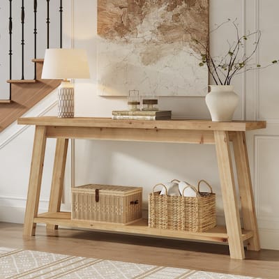 70.8'' Long Solid Wood Entryway Console Table with Shelf, 1.97'' Thick One-Piece Solid Wood Tabletop