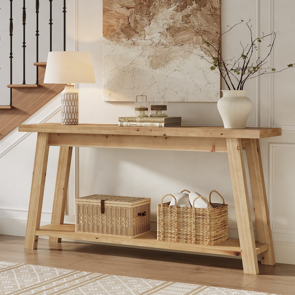 70.8'' Long Solid Wood Entryway Console Table with Shelf, 1.97'' Thick One-Piece Solid Wood Tabletop