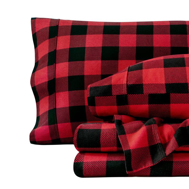 Bare Home Cotton Flannel Sheet Set - Velvety Soft Heavyweight - Twin - Buffalo Plaid - Red/Black