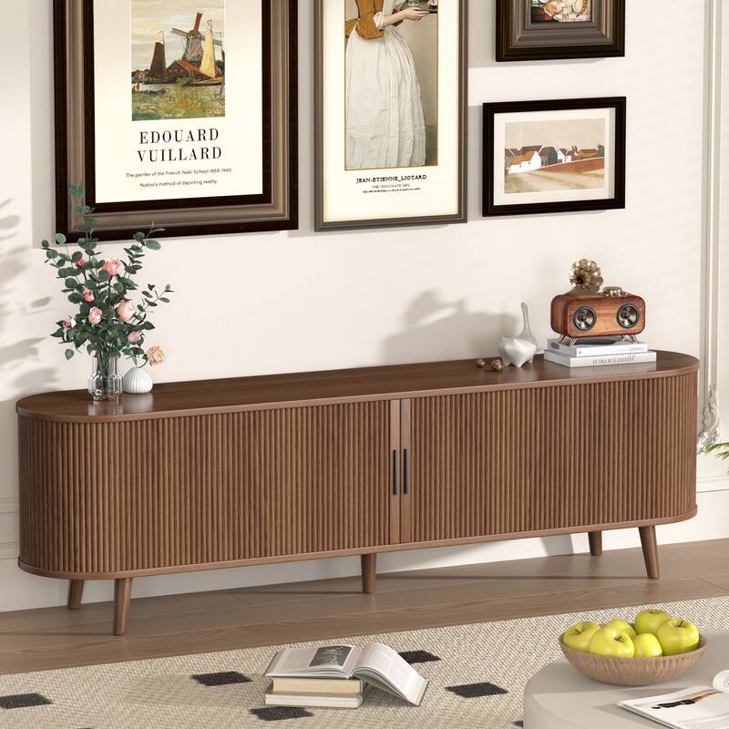 Gymojoy 71" Mid-Century Modern TV Stand, Walnut Media Console with Sliding Doors, Entertainment Center for TVs up to 80".