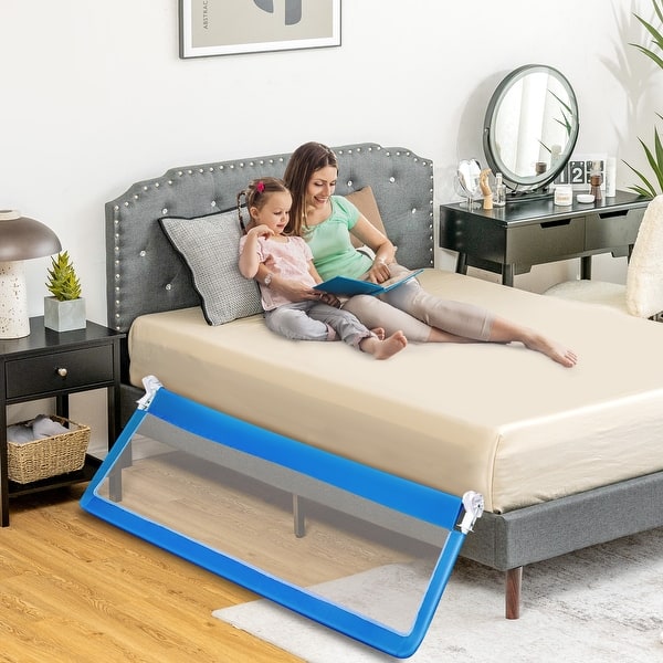 slide 2 of 19, 71 Inch Extra Long Swing Down Bed Guardrail with Safety Straps - 71" x 14.5" x 22" Blue