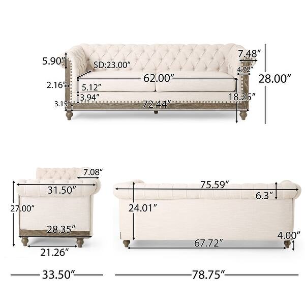 dimension image slide 2 of 4, Castalia Nailhead Trim Chesterfield Sofa by Christopher Knight Home - 78.75" L x 33.50" W x 28.00" H