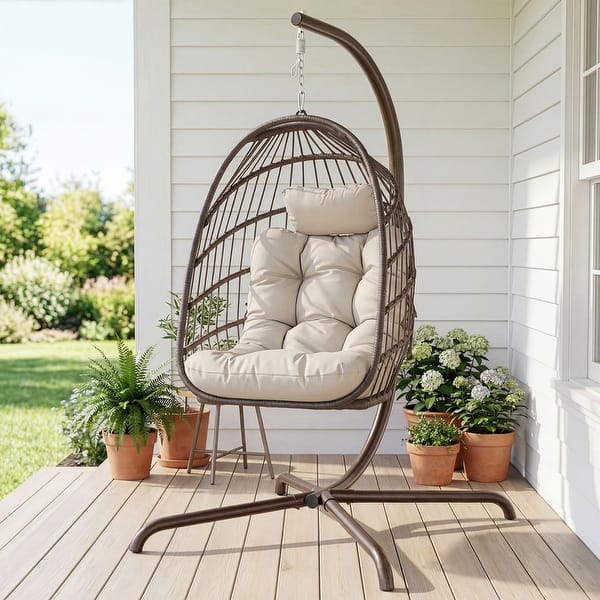 Oversized Wicker Hanging Egg Chair with Stand, Foldable 1-Person Outdoor Swing Chair, 360 lb Capacity, UV Resistant - Brown